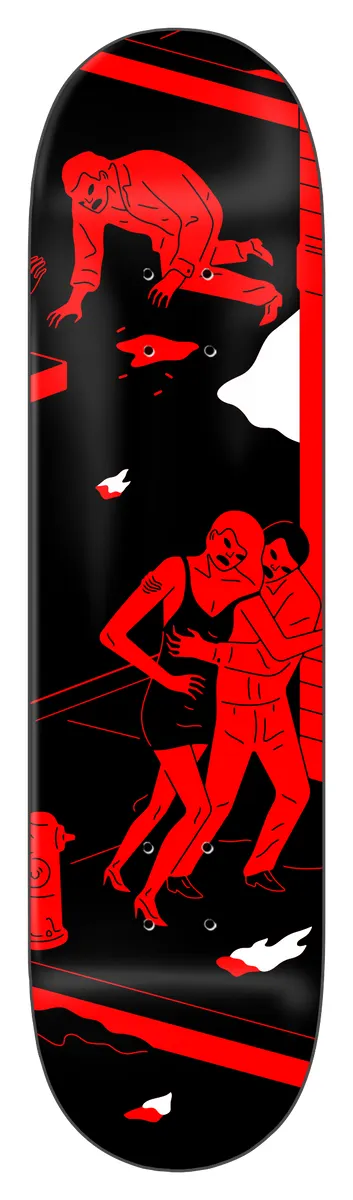 Zero Cleon Peterson *signed #5 Of 5 skateboard deck: Red and black flat illustration of a man crawling on the ground near a pool of blood, and a woman in a short dress being held by a man, with a fire hydrant and white cloud shapes.