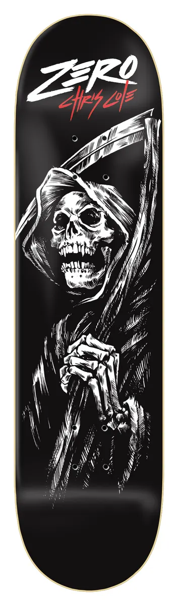 Zero Cole - 05 Reaper skateboard deck: Black and white sketchy illustration of a grinning hooded skull gripping a scythe. ZERO logo in white with Chris Cole in red brush script at the top.