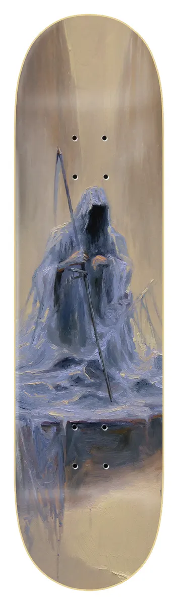 Zero Cole - Above The Abyss skateboard deck: Painterly image of a hooded, cloaked grim reaper figure holding a scythe, seated among icy blue-grey drapery against a pale beige background.