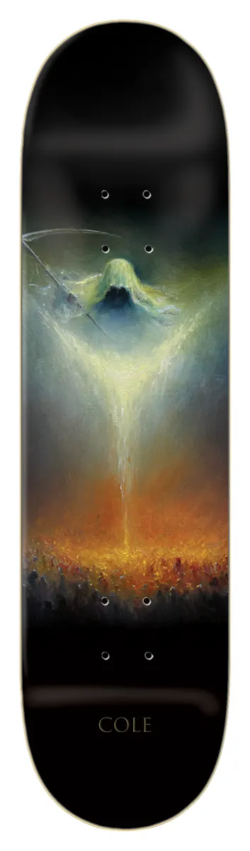 Zero Cole - Angel Of Death III 8.25 skateboard deck: A painterly scene of a hooded, scythe-wielding reaper figure above a funnel of pale light pouring onto a glowing orange crowd below, fading to black. The rider name is at the tail.