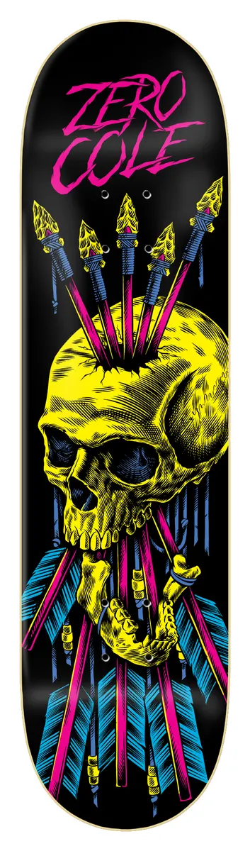 Zero Cole - Black Light skateboard deck: Yellow skull pierced by five arrows with blue fletching, drawn in blacklight neon style on black. Pink brush lettering at top.