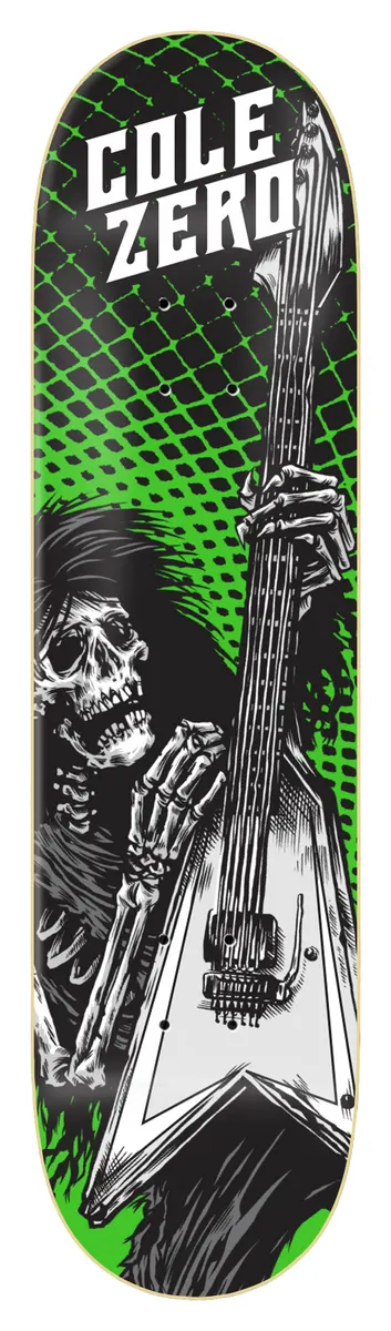 Zero Cole - Death Rocker (Green) skateboard deck: A skeleton in long hair plays a flying V guitar in front of a green halftone and chain-link pattern, with bold white rider and brand lettering at the top.