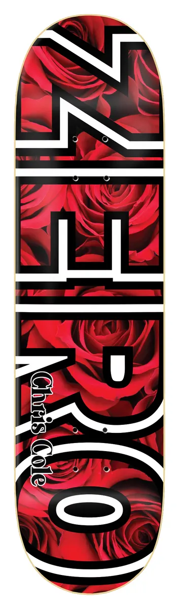 Zero Cole - Floral Bold skateboard deck: Large ZERO block letters in black and white outline filled with a photographic pattern of red roses, on a black deck, with Chris Cole written along the lower letters.