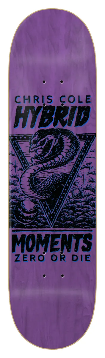 Zero Cole - Hybrid Moments skateboard deck: A coiled cobra inside an inverted triangle with a starry border and rolling clouds, printed in black and blue over a purple stained deck, with large lettering above and below.