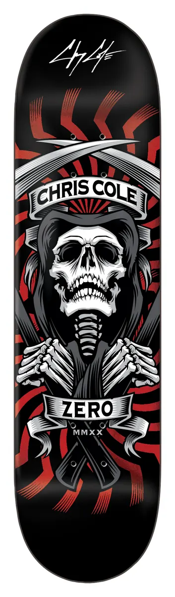 Zero Cole - Mmxx Reaper (Red Foil) skateboard deck: Grim reaper skull in a dark hood with crossed scythes and skeletal hands, framed by banners reading CHRIS COLE and ZERO MMXX, over red swirling rays on a black deck. Signature at the top.