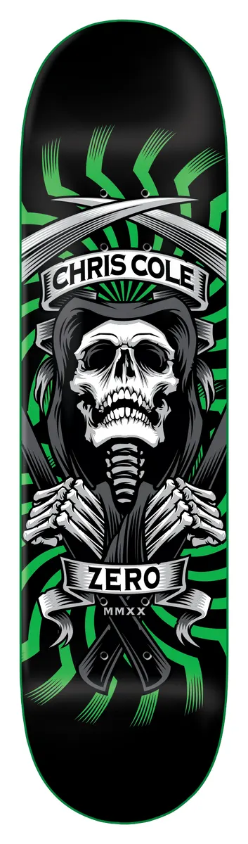 Zero Cole - Mmxx Reaper skateboard deck: Skull in a hooded reaper robe with skeletal hands crossed over a scythe, with ribbon banners reading CHRIS COLE and ZERO MMXX, against green swirling rays on black.