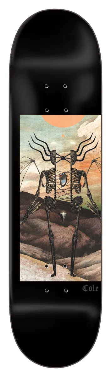 Zero Cole - Muff - 8.375 skateboard deck: Black deck with a rectangular painted panel showing a winged skeleton figure with antler-like horns in a desert landscape under a pale orange sun. Cole in small gothic script below.