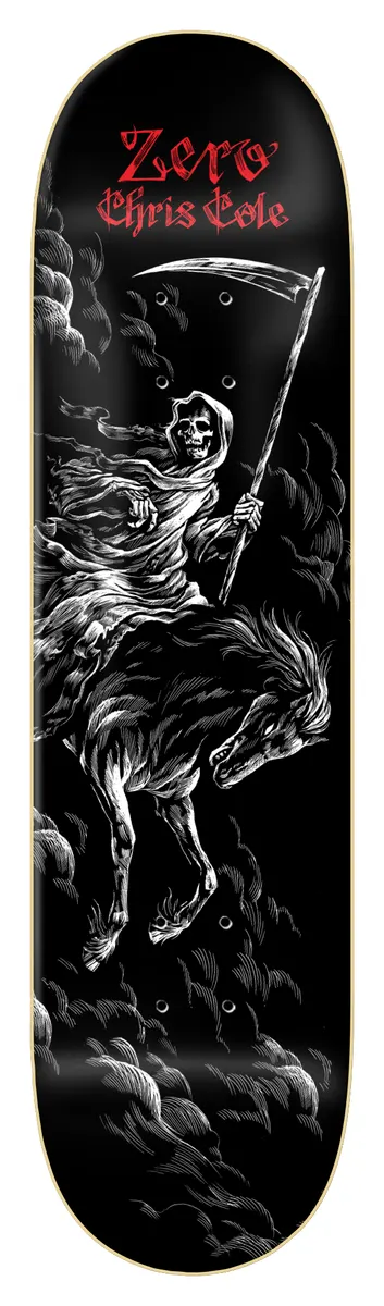 Zero Cole - Og Pale Horse skateboard deck: Engraving-style grim reaper in a hooded robe holding a scythe and riding a rearing horse through swirling clouds, in white on black. Red blackletter 'Zero Chris Cole' at the top.