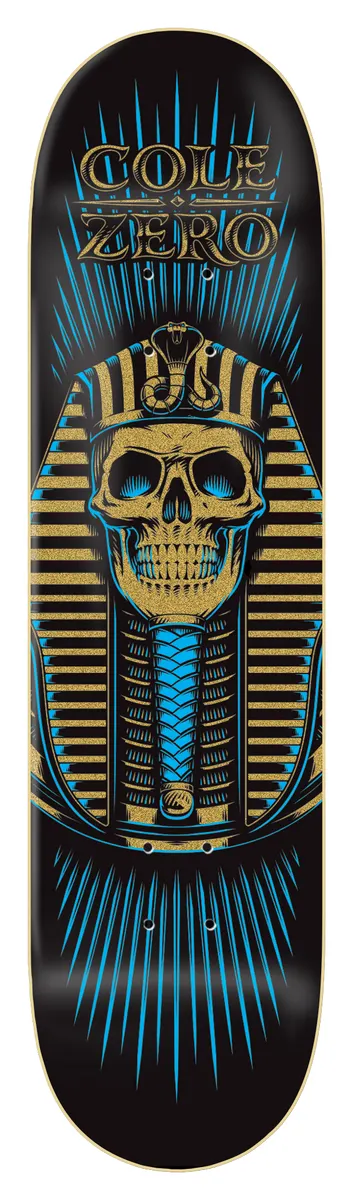 Zero Cole - Pharaoh 8.25 skateboard deck: Black deck with a gold skull wearing an Egyptian pharaoh headdress with a cobra, and a blue striped beard, framed by blue radiating lines. Rider and brand names in gold at the top.
