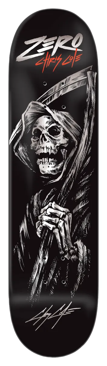 Zero Cole - 05 Reaper (Silver Foil) skateboard deck: Silver foil grim reaper with a skull face under a hood, holding a scythe with a skeletal hand, on black. Red and white name lettering above and a signature below.