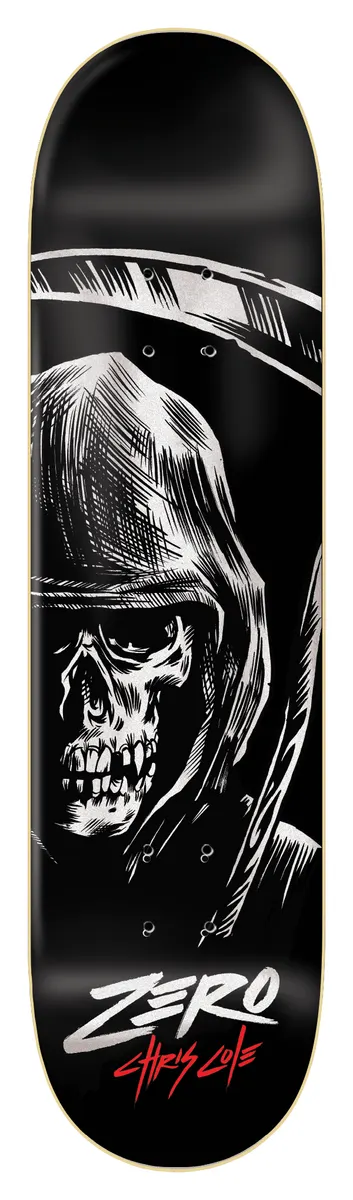 Zero Cole - Reaper skateboard deck: A hooded grim reaper skull in black and white with a curved scythe blade arcing behind it, drawn in a rough inked style on a black deck. Zero logo and red signature-style name at the tail.