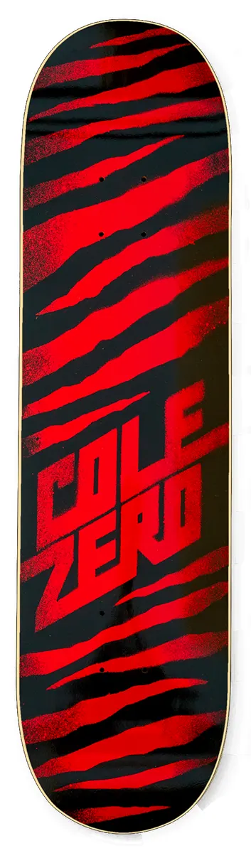 Zero Cole - Ripper skateboard deck: Red and black tiger-stripe pattern in a spray-stencil style across the whole deck, with Cole and Zero in blocky angular red lettering stacked in the lower half.