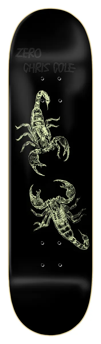 Zero Cole - Scorpions - 8.5 skateboard deck: Two pale glow-style line drawings of scorpions facing each other in opposite directions on a black deck, with rider and brand name in grey at the top.