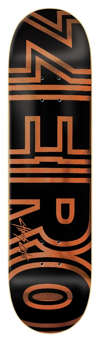 Zero Cole - Signature Bold skateboard deck: Giant outlined ZERO lettering in distressed copper-orange fills the deck on black, stacked with the letters cut off at the edges, with a small signature near the bottom left.