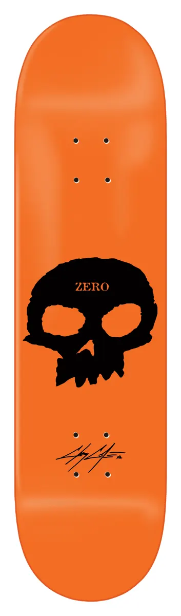 Zero Cole - Signature Single Skull skateboard deck: Large black Zero skull with ZERO in small gold lettering on its forehead, and a signature below, on a plain bright orange deck.