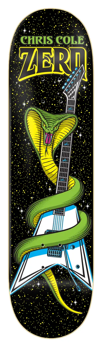 Zero Cole - Stardust skateboard deck: Green cobra coiled around a white and blue flying-V electric guitar, set against a black starry space background with yellow speckles. Chris Cole name and Zero logo in yellow-outlined lettering across the top.