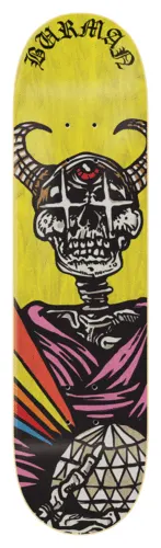 Zero Boss Dog II - Burman skateboard deck: A horned skeleton with a red third eye wears a pink cloak and grips a faceted disco-ball-like globe, with rainbow stripes at the left, on a yellow stained deck. Name in gothic lettering at the nose.