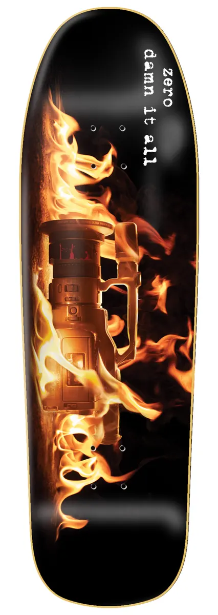 Zero Damn It All - Vx 9.5 Cruiser skateboard deck: Shaped cruiser deck with a video camcorder engulfed in flames on a black background. The words 'zero damn it all' run down the top in white typewriter text.