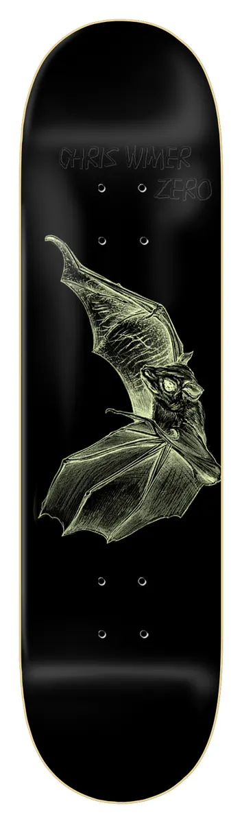 Zero Wimer - Bat - 8.0 skateboard deck: A sketched pale-green bat with outstretched wings on a black deck, with the rider name and brand in faint grey lettering across the top. Thin cream edge outline.