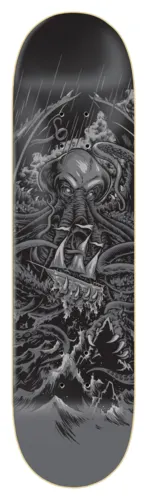 Zero Cthulhu - Brockman skateboard deck: Greyscale illustration of a giant tentacled Cthulhu-like octopus monster rising from stormy seas, wrapping a sailing ship in its tentacles, with rain and a small figure on rocks below.