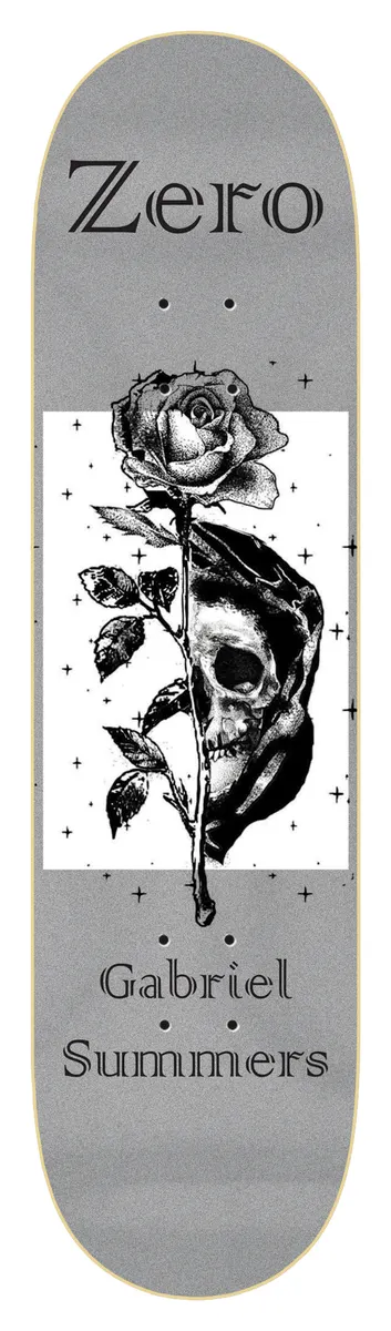 Zero Darkness - Summers 8.5 skateboard deck: A stippled black and white rose with a skull behind it, in a white panel with small stars, on a grey deck. Zero in serif lettering at the top and the rider's name at the bottom.