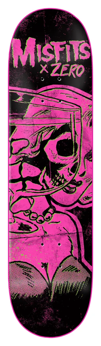 Zero Die Die - Pink Dipped 8.25 skateboard deck: Black deck with Misfits x Zero lettering at the top and a rough pink and green print of a skull peering from a woman's face with a pearl necklace, with a pink edge dip.
