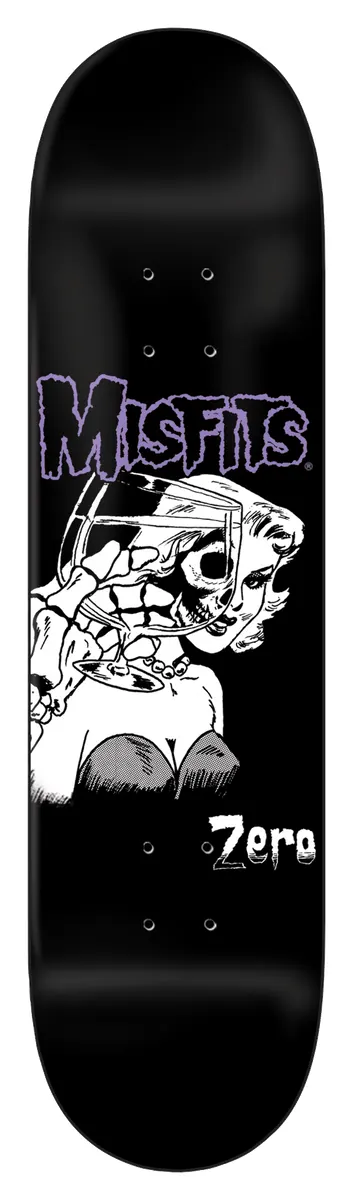 Zero Die Die skateboard deck: Black deck with a purple MISFITS logo above a black and white illustration of a skeletal-faced woman holding a cocktail glass. Zero is printed at the lower right.