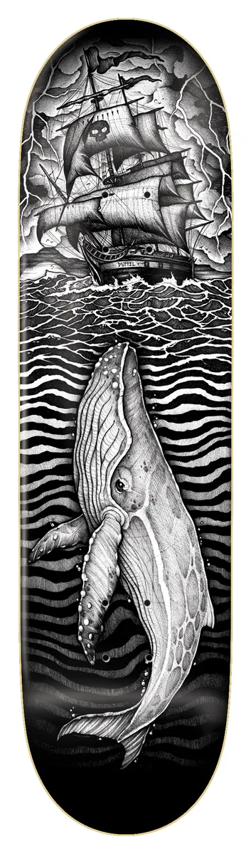 Zero Duffel Guest Board skateboard deck: Black and white pen illustration of a tall sailing ship with a skull flag in a stormy sky above rolling waves, with a large humpback whale diving below the water on a black deck.