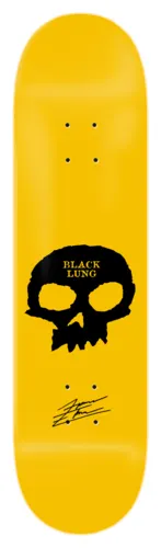 Zero Forrest - Signature Skull 8.25 skateboard deck: Large black Zero skull on a yellow deck with Black Lung in small gold letters across its forehead, plus a signature below.