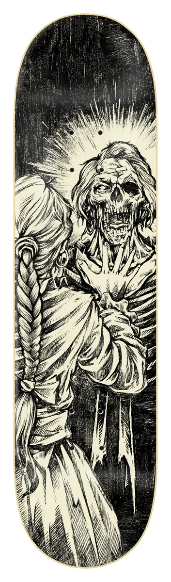 Zero Enchanted - Deaths Reflection 8.5 skateboard deck: Black-and-white engraved illustration of a long-haired braided figure facing a decaying skeletal figure with a glowing halo of rays, as if in a mirror.