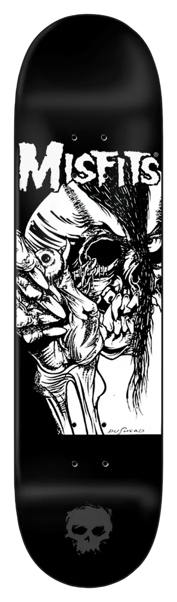 Zero Evil Eye skateboard deck: Black deck with a white MISFITS logo above a black and white ink drawing of a skeletal hand holding a skull with an eyeball, an artist's signature at the lower right. A small Zero skull sits at the bottom.