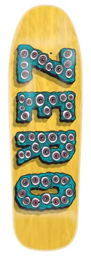 Zero Evil Eyes - 9.5 skateboard deck: Brand name in large stacked capitals made of teal slime-like shapes covered in bloodshot eyeballs, on a yellow stained old-school shaped deck.