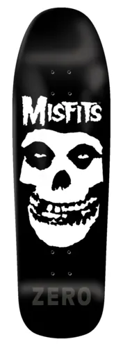Zero Fiend - 9.5 skateboard deck: Old-school shaped black deck with a white outline, a white MISFITS logo above a large white skull face, and ZERO in dark grey at the foot.