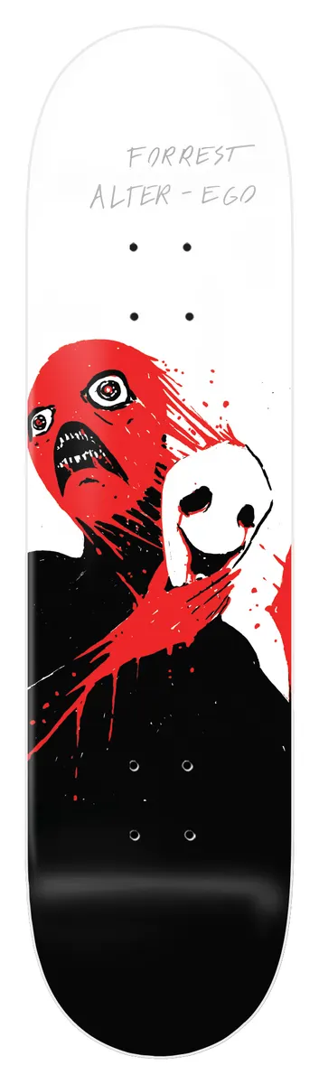 Zero Forrest - Alter - Ego - White Dip 8.5 skateboard deck: A red-faced, screaming figure with a splattered red mask clutches a pale white animal-like face against a black body shape, in a stark ink style on a white deck with a black base.