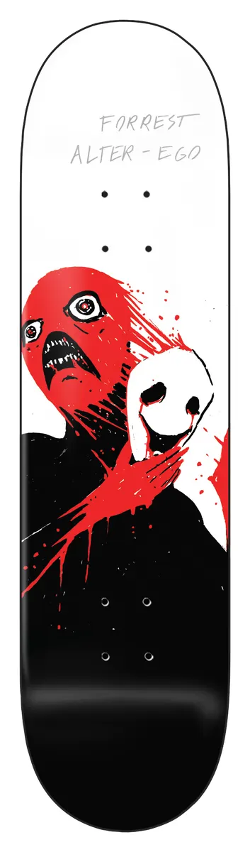 Zero Forrest - Alter - Ego 8.5 skateboard deck: A red-faced screaming figure with a black body has a hand at its neck, while a white pig or animal mask with a black snout is held against it, splattered with red. Grey handwritten-style name text at the top.