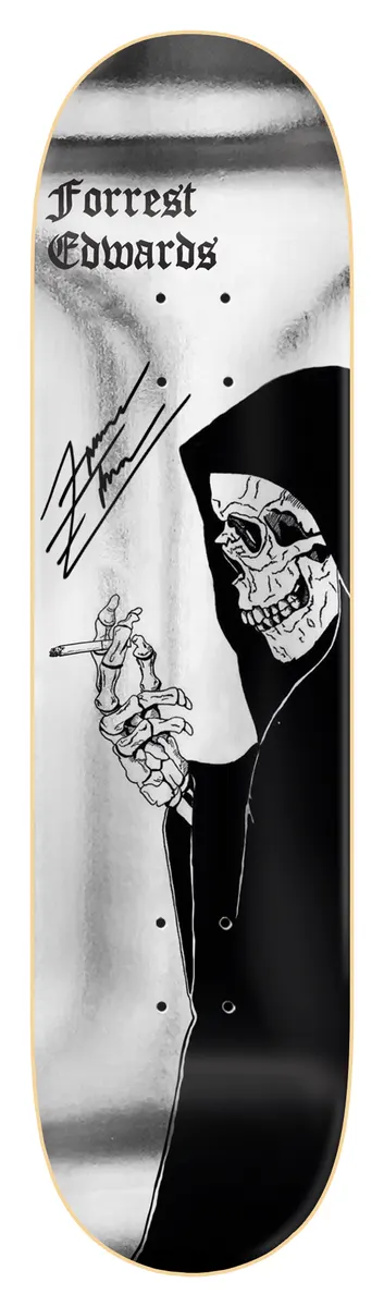 Zero Forrest - Black Death *signed* 8.25 skateboard deck: Hooded skeleton reaper in black robes smoking a cigarette, drawn in a stark line style against a chrome silver background. Rider name in gothic type at top with a printed signature.