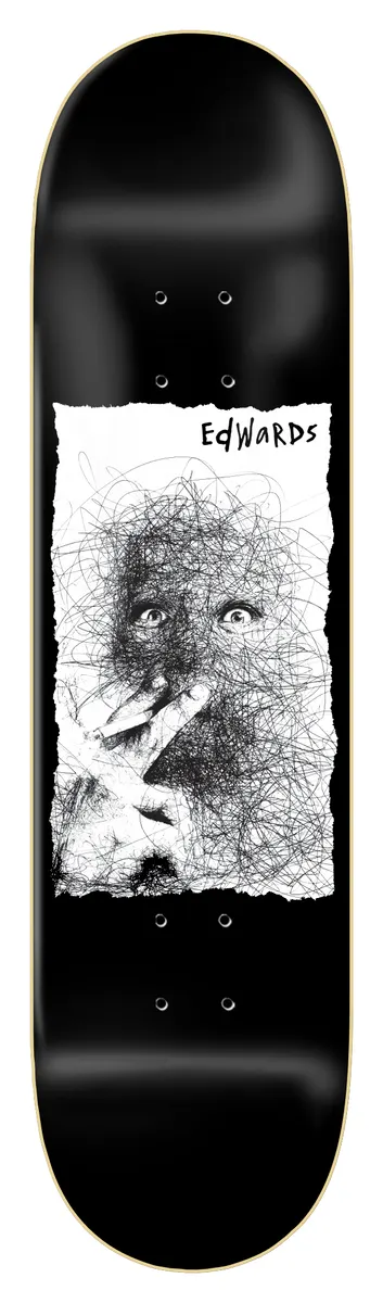 Zero Edwards - Ilo Ballpoint skateboard deck: Scribbled ballpoint-pen drawing of a wide-eyed face with a hand holding a cigarette, on a torn white paper panel on a glossy black deck, with the rider name handwritten at the top.