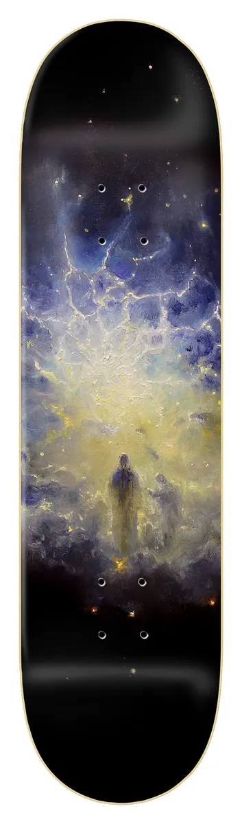 Zero Forrest - Miracle Of Creation skateboard deck: Painted cosmic scene of two robed figures standing in a glowing nebula of blue and yellow clouds with lightning-like veins and scattered stars, fading to black at the ends.