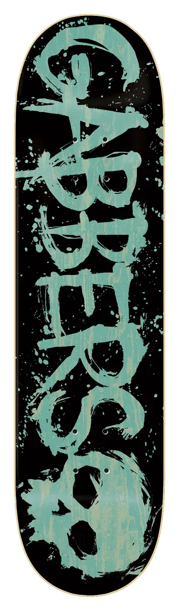 Zero Gabbers Blood - Pastel 8.0 skateboard deck: Black deck with the word GABBERS in large splattered, brush-painted pastel green capitals running the length of the board, with a skull shape at the tail.