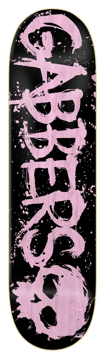 Zero Gabbers Blood - Pink 8.5 skateboard deck: Black deck with the word GABBERS in large splattered, brush-painted pale pink capitals running the length of the board, with a skull shape at the tail.