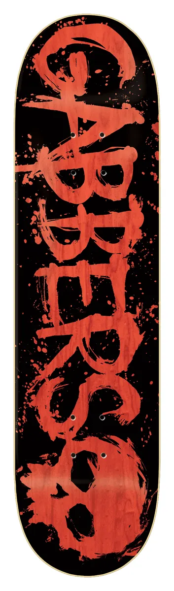 Zero Gabbers Blood - Red 8.25 skateboard deck: The word GABBERS in rough, dripping blood-red brush lettering running up a black deck, with splatters and a skull shape at the bottom corner.