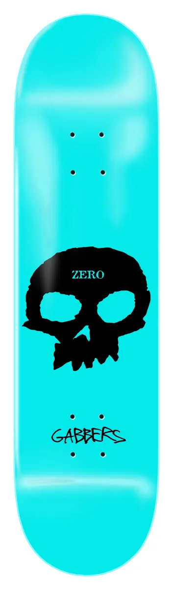 Zero Gabbers - Signature Single Skull skateboard deck: A single black Zero skull with a small 'Zero' label on the forehead, on a bright aqua deck. 'Gabbers' is written in a black handwritten script at the tail.