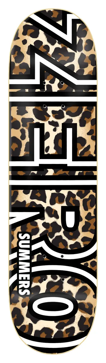 Zero Gabbers - Cheetah Bold skateboard deck: Bold white outlined Zero lettering across a cheetah-spot print in tan, brown and black, with the name Summers in small white capitals near the tail.