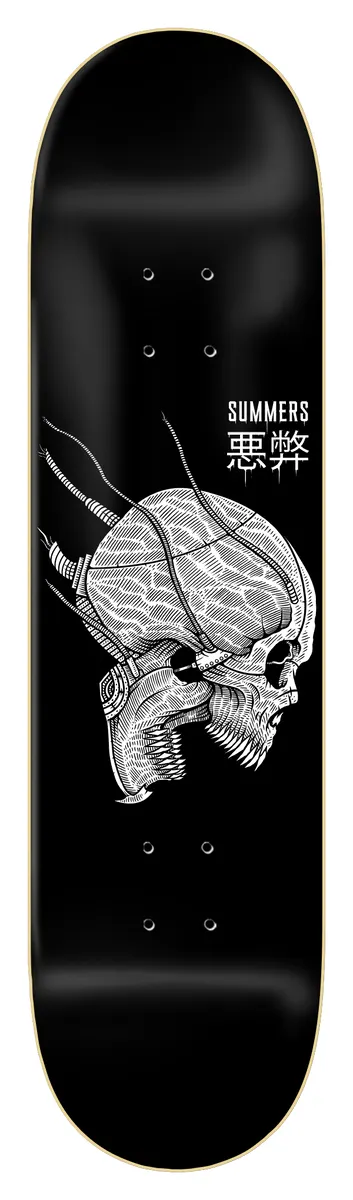Zero Gabbers - Cyber Skull skateboard deck: A white line-engraved cyborg skull in profile with cables and wires plugged into its head, on a black deck. The name Summers and Japanese characters sit at the top.