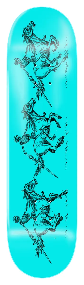 Zero Gabbers - Pale Horse skateboard deck: Black line drawing of a skeleton rider on a rearing horse with a lance, repeated three times down the deck on a flat turquoise background.
