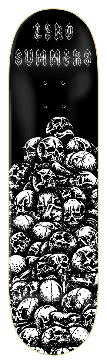 Zero Gabbers - Thulsa Doom skateboard deck: A heap of detailed stippled white skulls rising from the bottom of a black deck, with gothic-style Zero Summers lettering at the top.