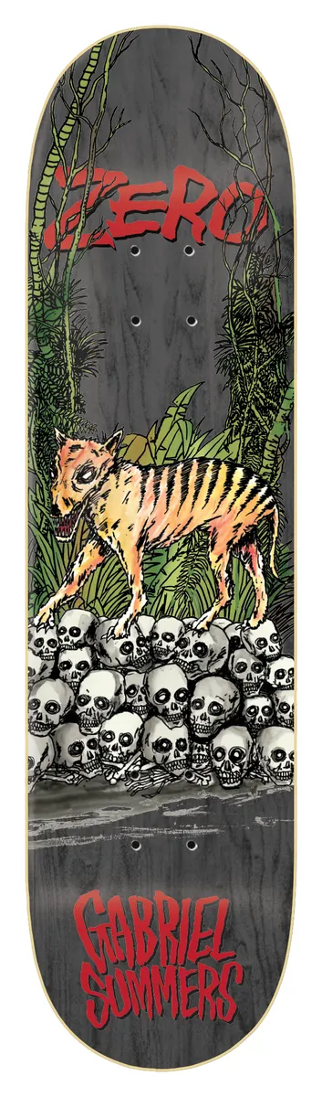 Zero Gabbers - Tasmanian Tiger 8.25 skateboard deck: A striped Tasmanian tiger standing on a pile of white skulls in a green jungle, on a dark grey wood-stained deck, with red Zero lettering at the top and the rider name at the bottom.