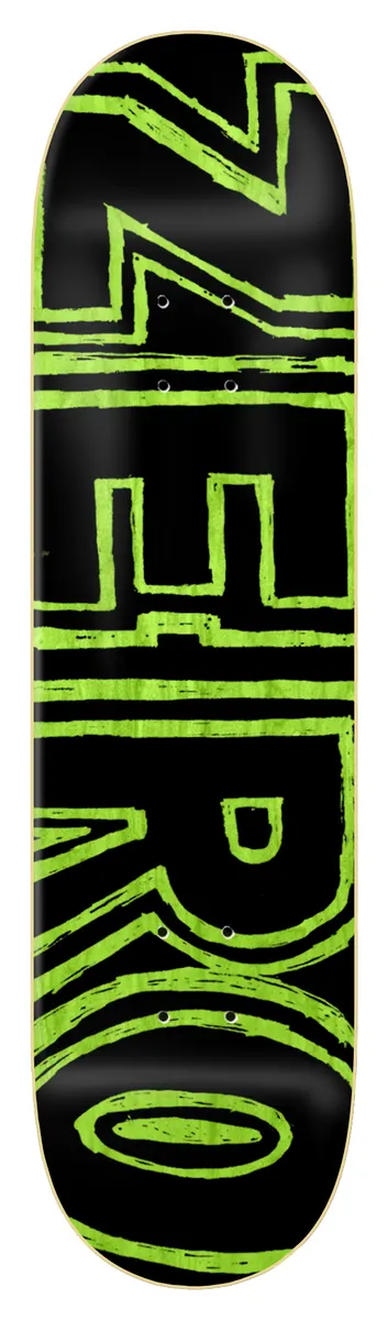Zero Hand Drawn Bold skateboard deck: Black deck with large hand-drawn, scratchy outline capital letters spelling ZERO stacked down the length in bright lime green.