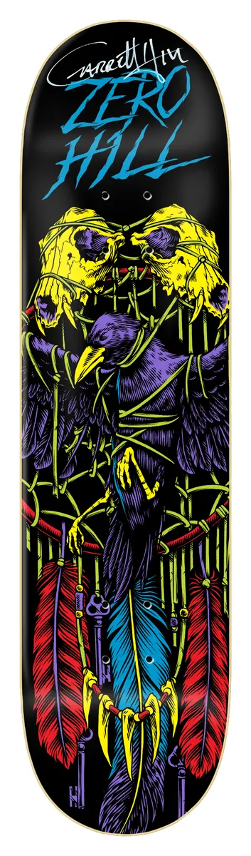 Zero Hill - Black Light *signed* skateboard deck: Black-light poster style illustration of a raven perched among a dreamcatcher hung with yellow animal skulls, red and blue feathers and keys. Blue brush lettering of the rider and brand at the top.