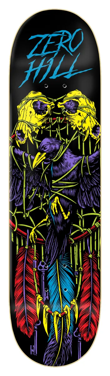 Zero Hill - Black Light skateboard deck: Neon blacklight-style illustration of a purple raven perched on a dreamcatcher hung with feathers, keys and yellow animal skulls. Rider and brand name in blue brush lettering at the top on black.